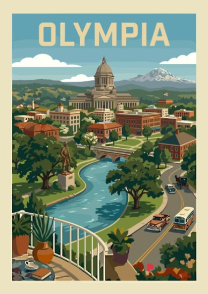 Retro style poster of Olympia, Washington cityscape featuring the Capitol Building, river, and mountains in a