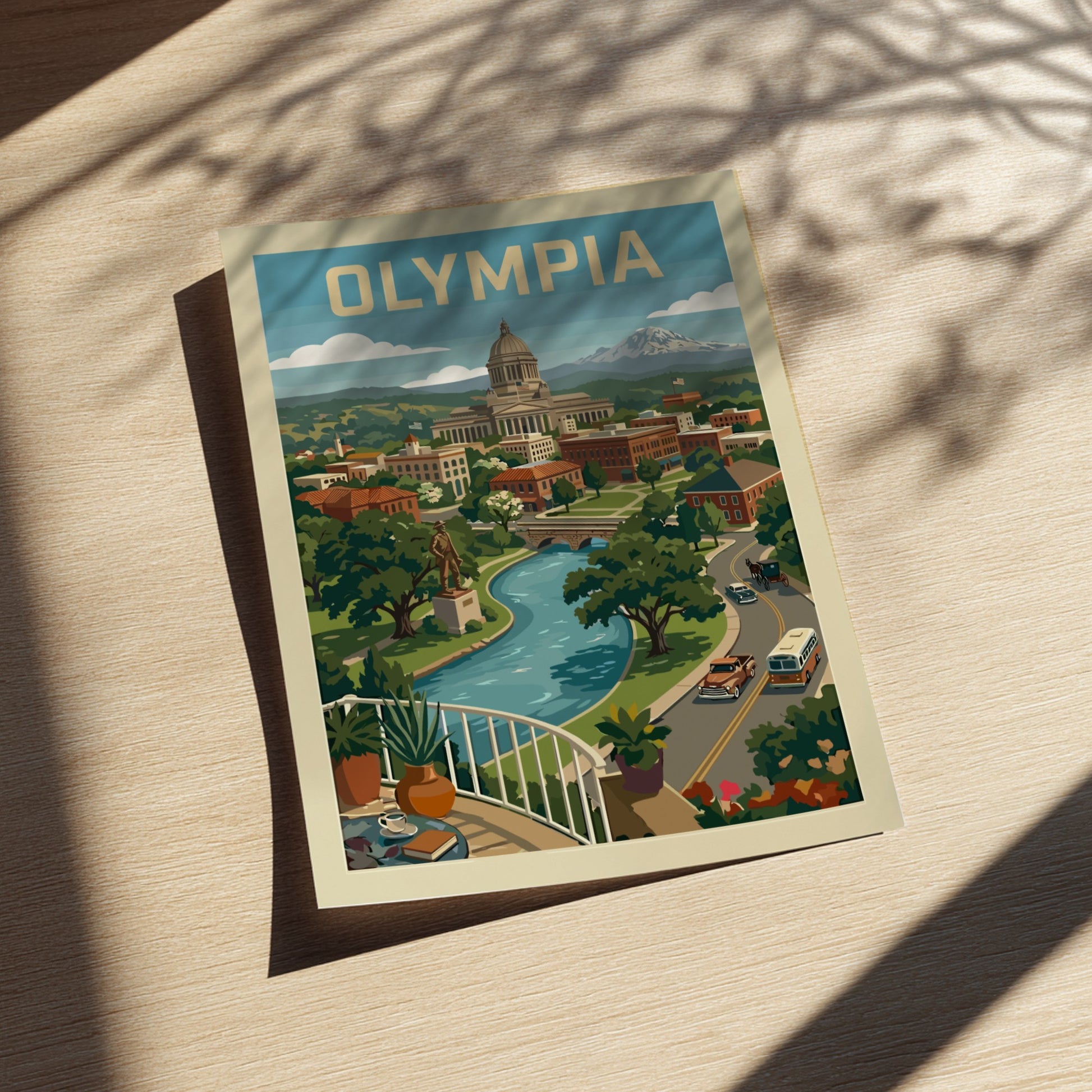 Retro style poster of Olympia, Washington cityscape featuring the Capitol Building, river, and mountains in a
