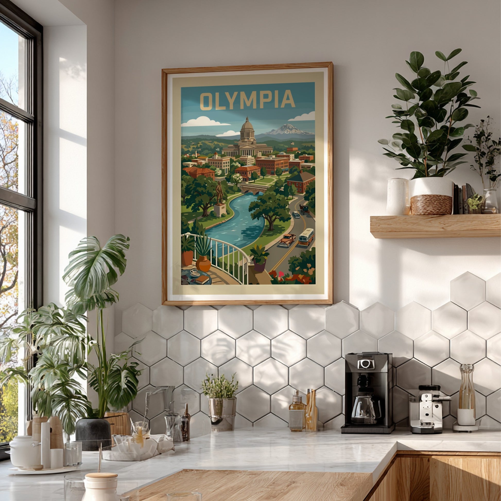 Retro style poster of Olympia, Washington cityscape featuring the Capitol Building, river, and mountains in a