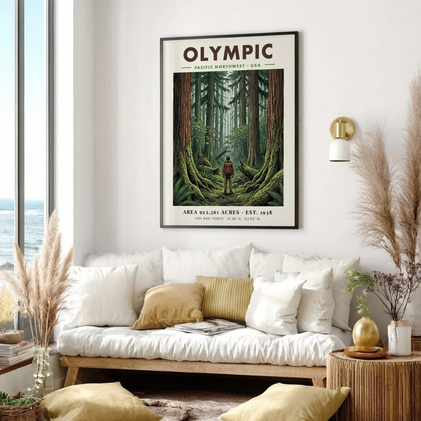 Poster featuring a hiker standing in the dense, mossy Hoh Rain Forest of Olympic.