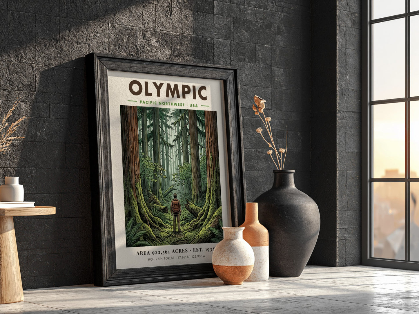 Poster featuring a hiker standing in the dense, mossy Hoh Rain Forest of Olympic.
