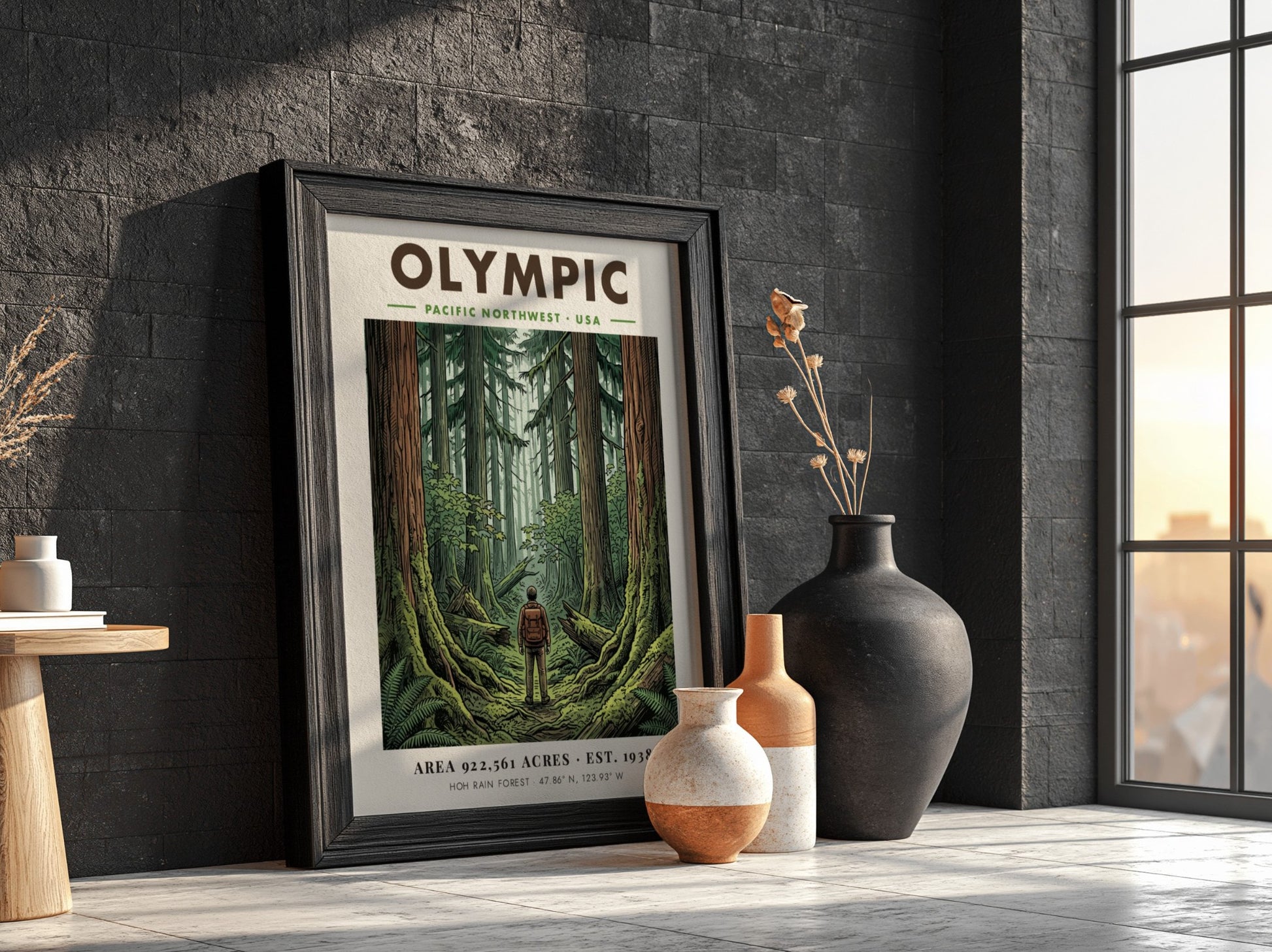 Poster featuring a hiker standing in the dense, mossy Hoh Rain Forest of Olympic.