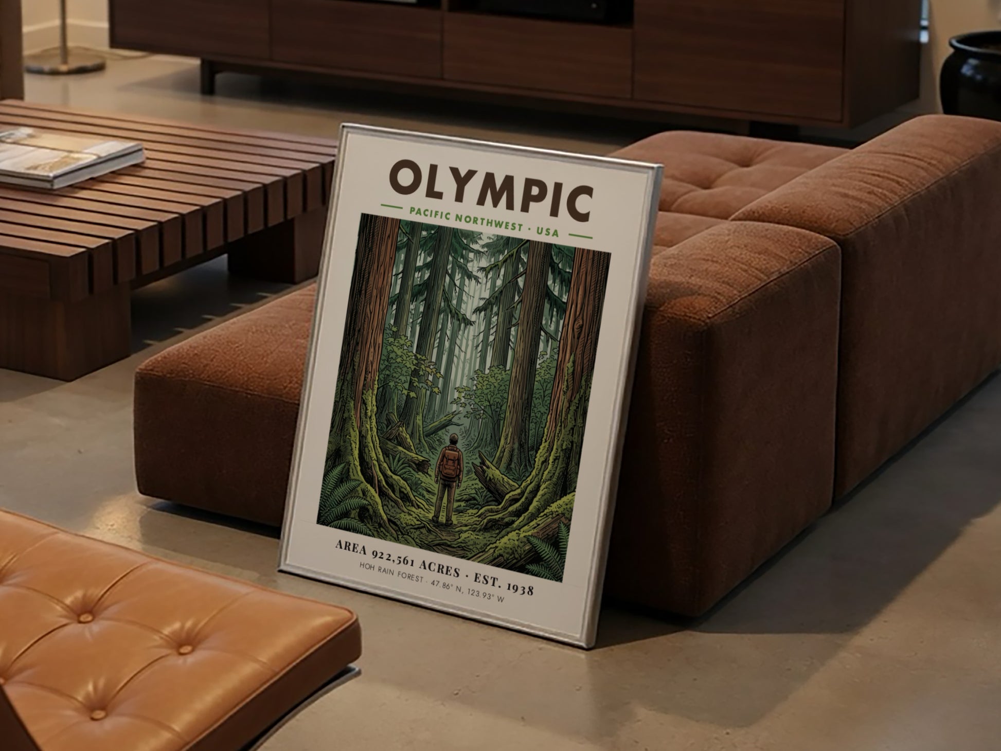 Poster featuring a hiker standing in the dense, mossy Hoh Rain Forest of Olympic.