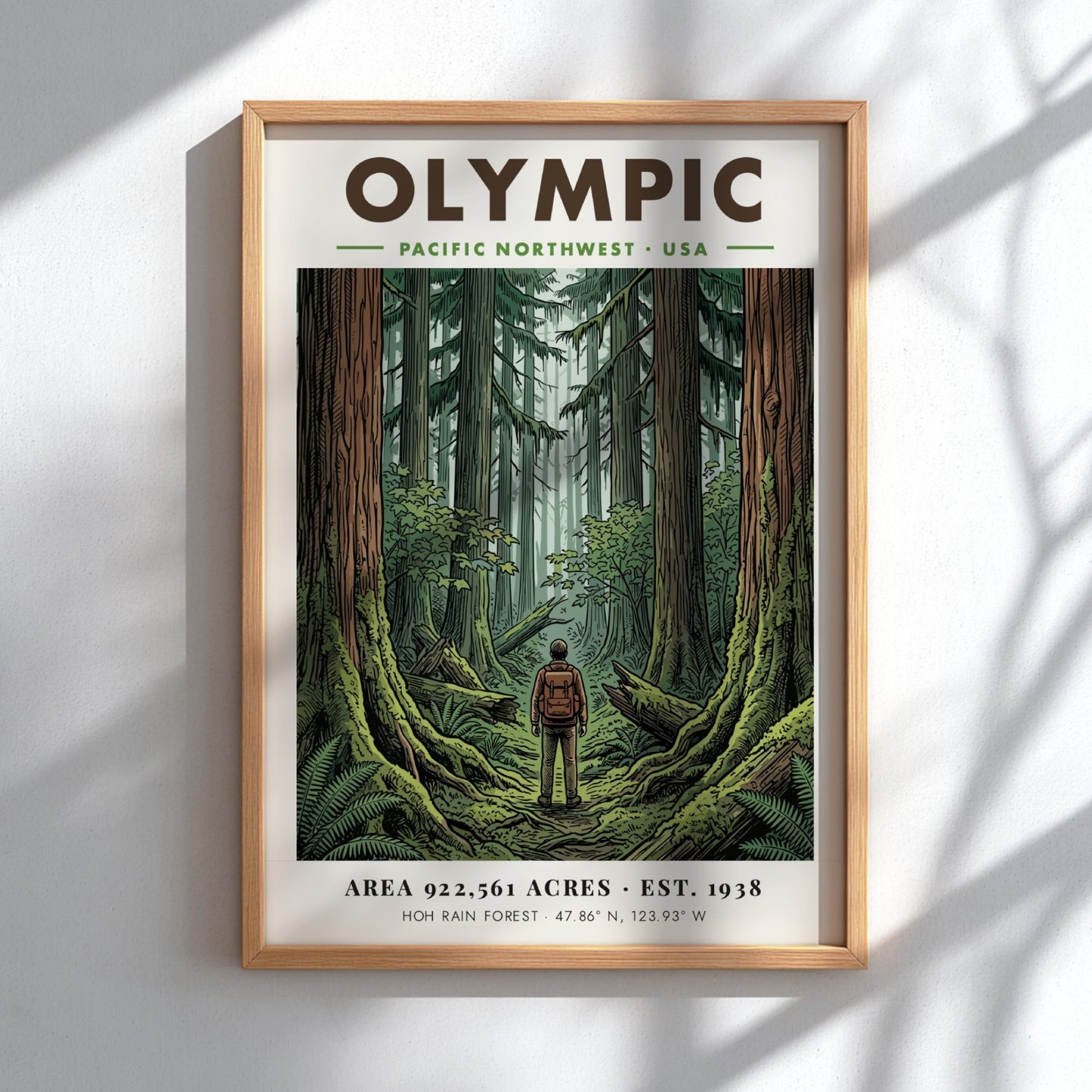 Poster featuring a hiker standing in the dense, mossy Hoh Rain Forest of Olympic.