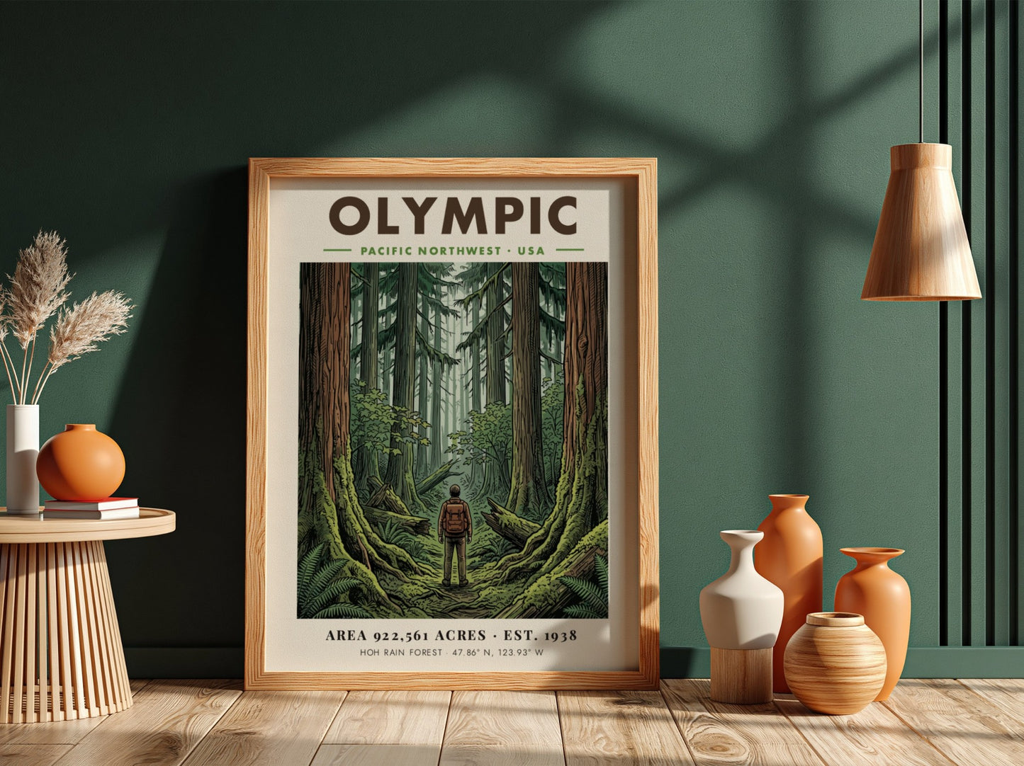 Poster featuring a hiker standing in the dense, mossy Hoh Rain Forest of Olympic.