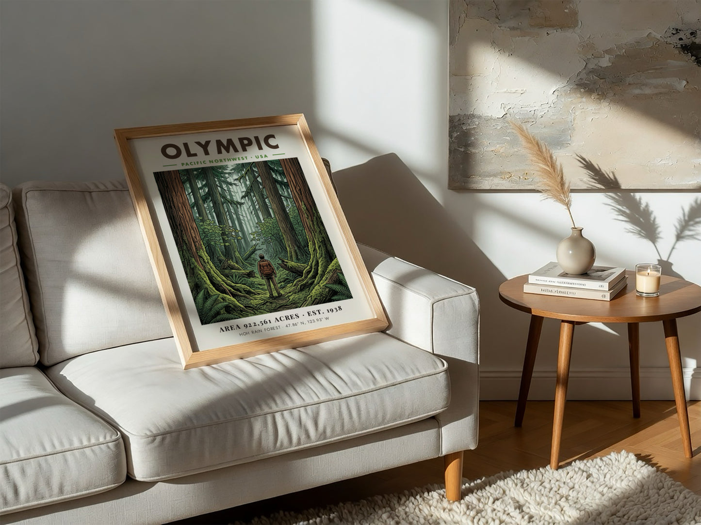 Poster featuring a hiker standing in the dense, mossy Hoh Rain Forest of Olympic.