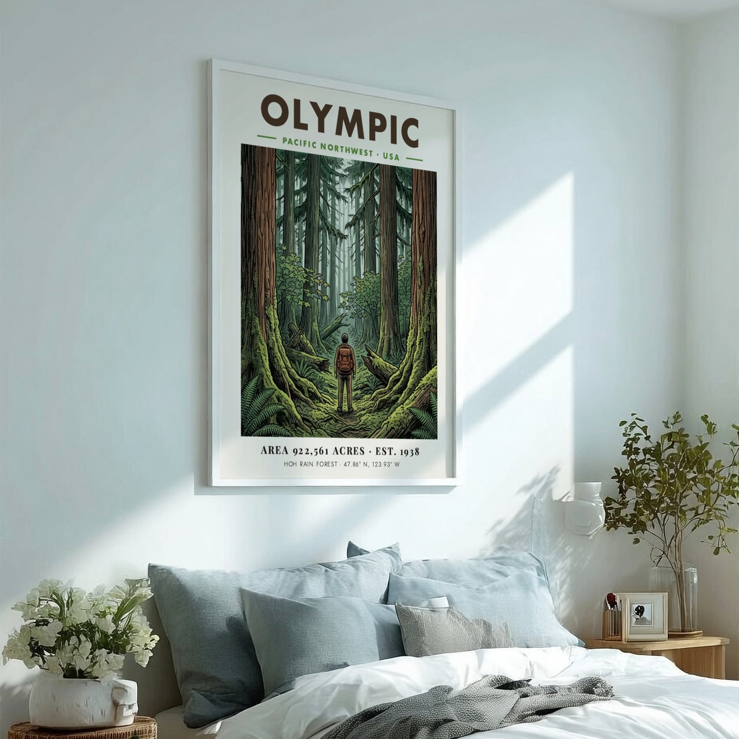 Poster featuring a hiker standing in the dense, mossy Hoh Rain Forest of Olympic.