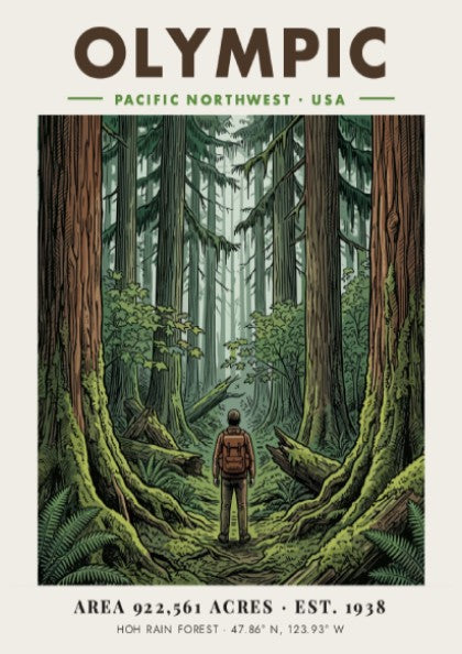 Poster featuring a hiker standing in the dense, mossy Hoh Rain Forest of Olympic.