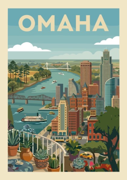 Retro vintage poster of the Omaha skyline with the Missouri River and bridges, featuring a colorful cityscape.