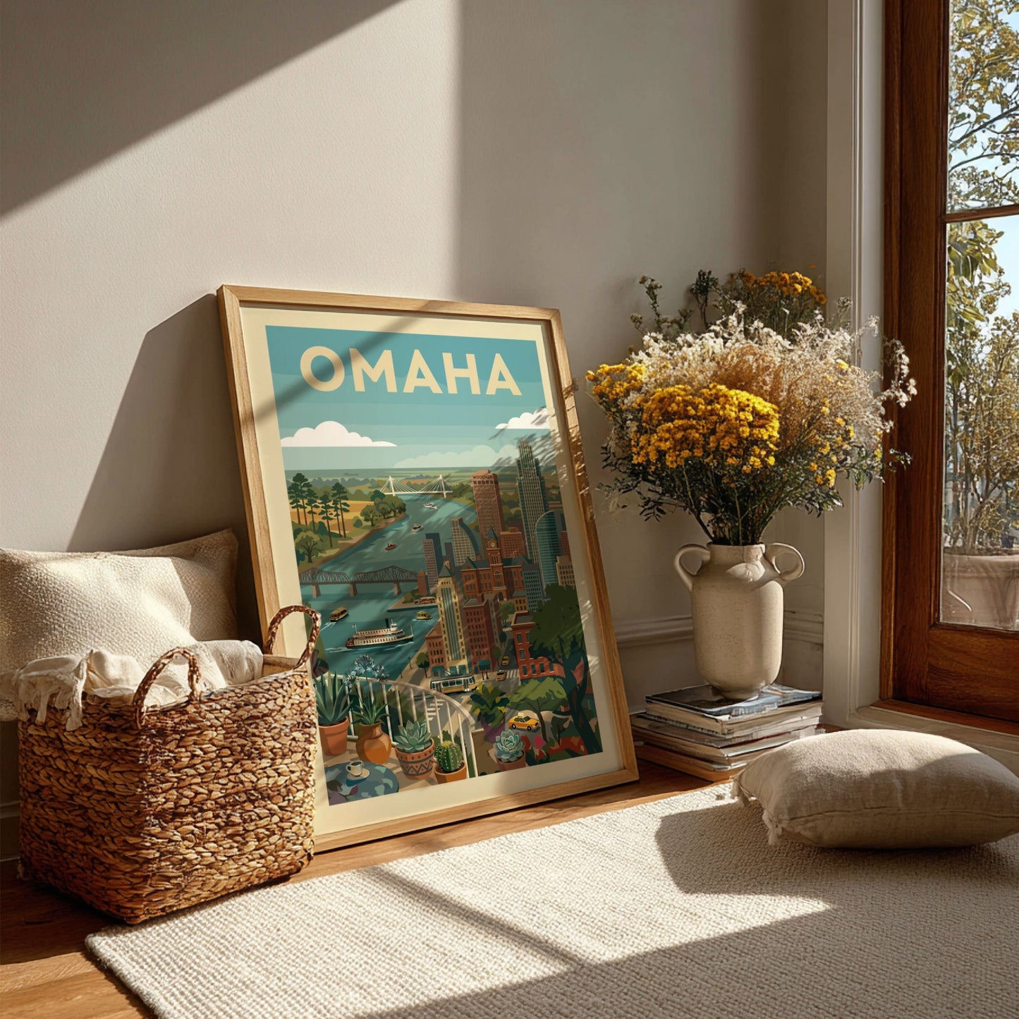 Retro vintage poster of the Omaha skyline with the Missouri River and bridges, featuring a colorful cityscape.