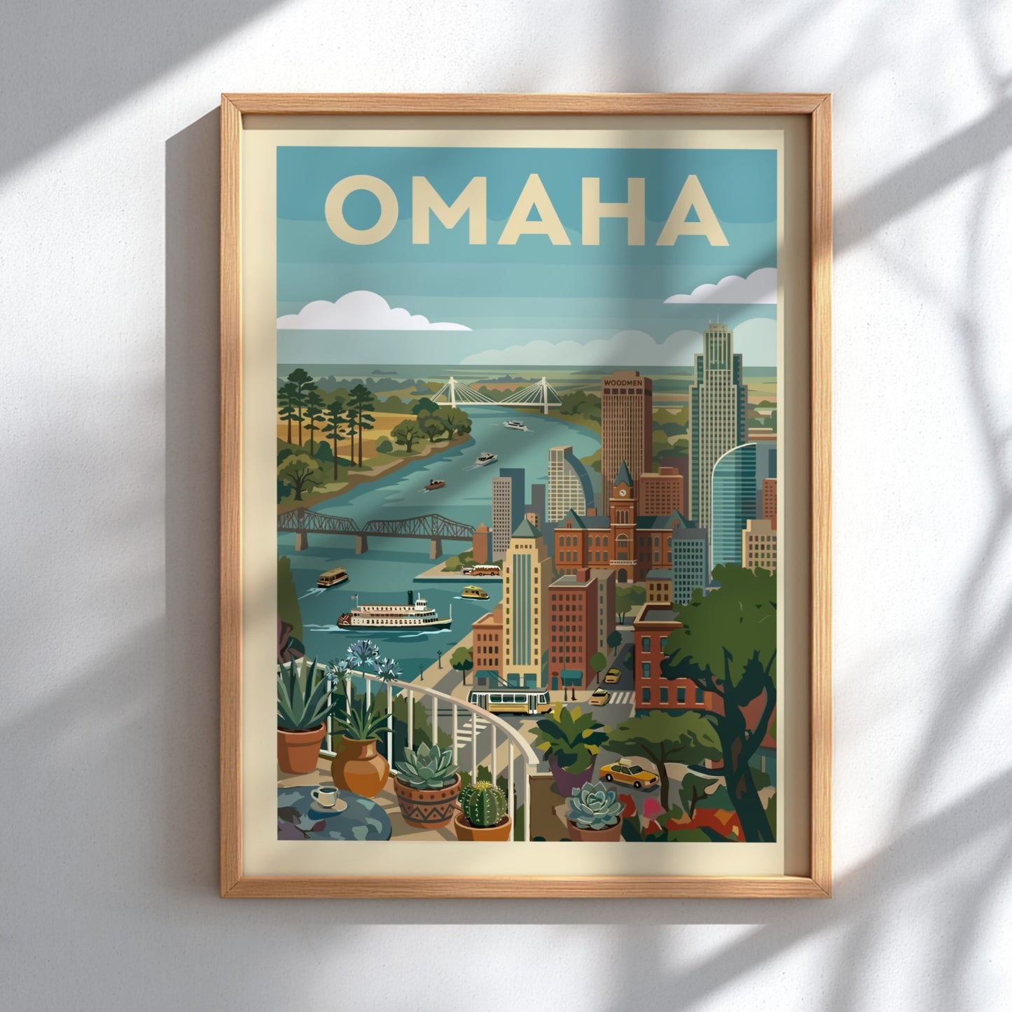 Retro vintage poster of the Omaha skyline with the Missouri River and bridges, featuring a colorful cityscape.