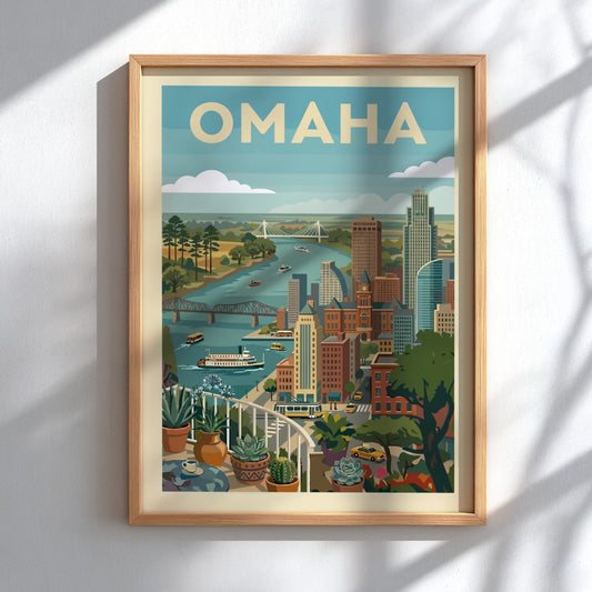 Retro vintage poster of the Omaha skyline with the Missouri River and bridges, featuring a colorful cityscape.