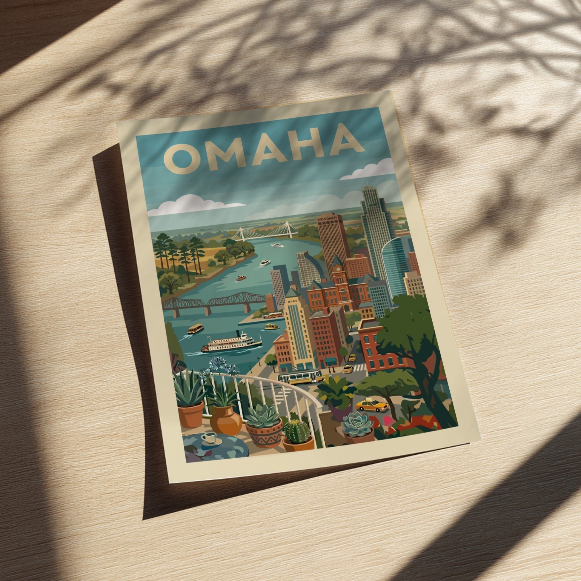 Retro vintage poster of the Omaha skyline with the Missouri River and bridges, featuring a colorful cityscape.