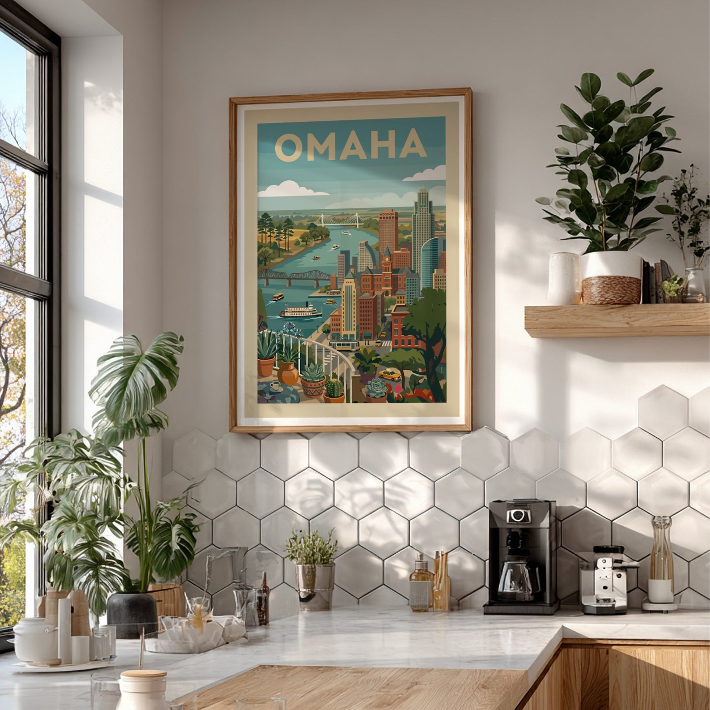Retro vintage poster of the Omaha skyline with the Missouri River and bridges, featuring a colorful cityscape.