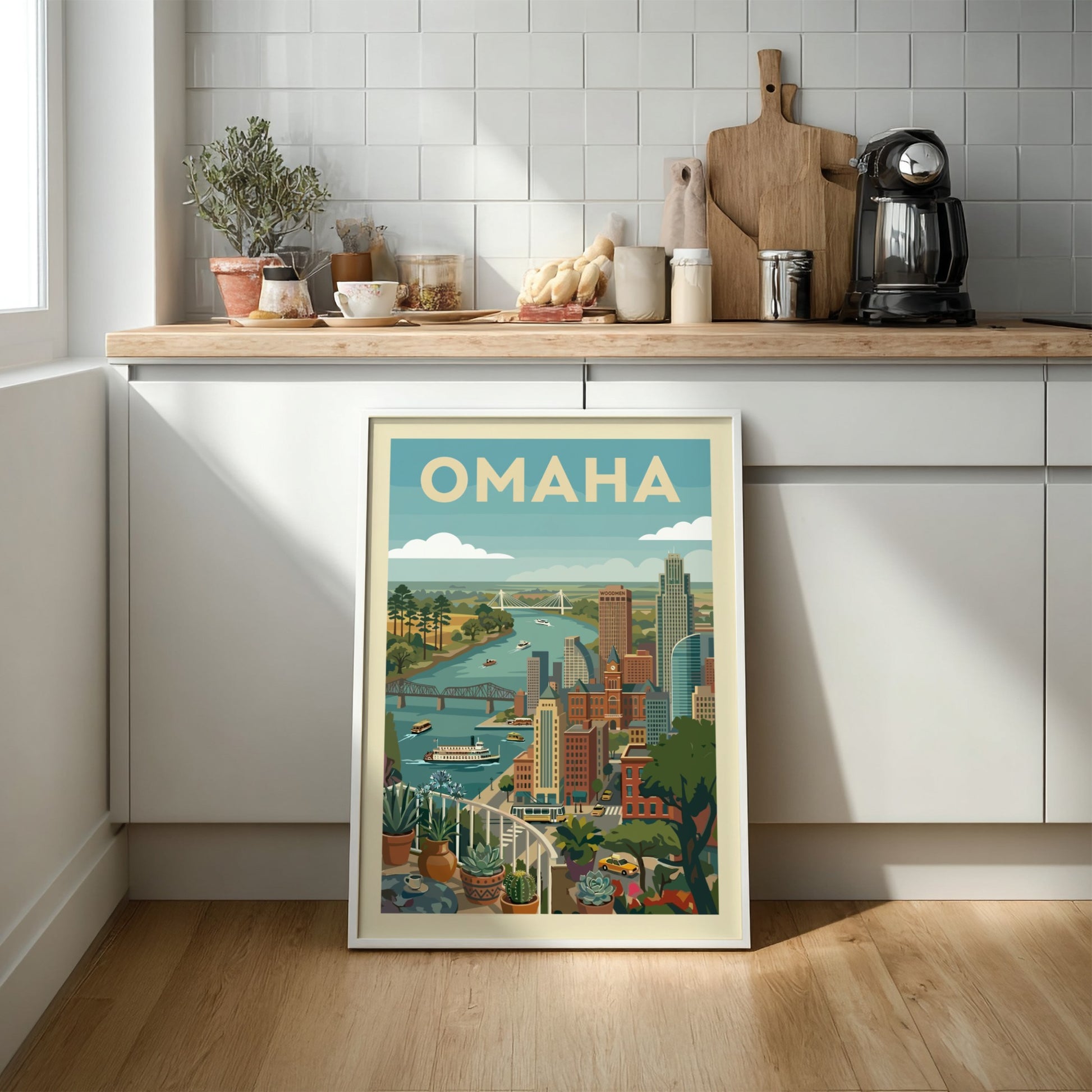 Retro vintage poster of the Omaha skyline with the Missouri River and bridges, featuring a colorful cityscape.
