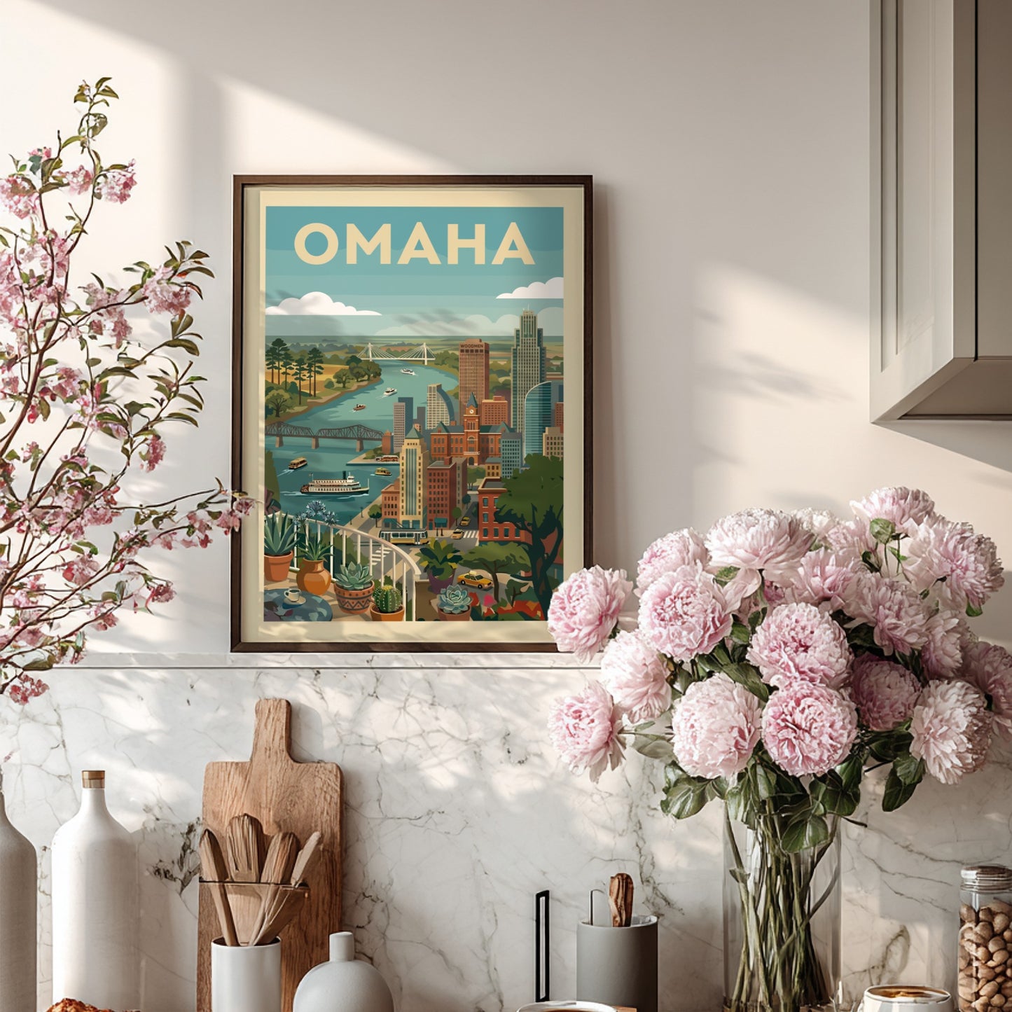 Retro vintage poster of the Omaha skyline with the Missouri River and bridges, featuring a colorful cityscape.