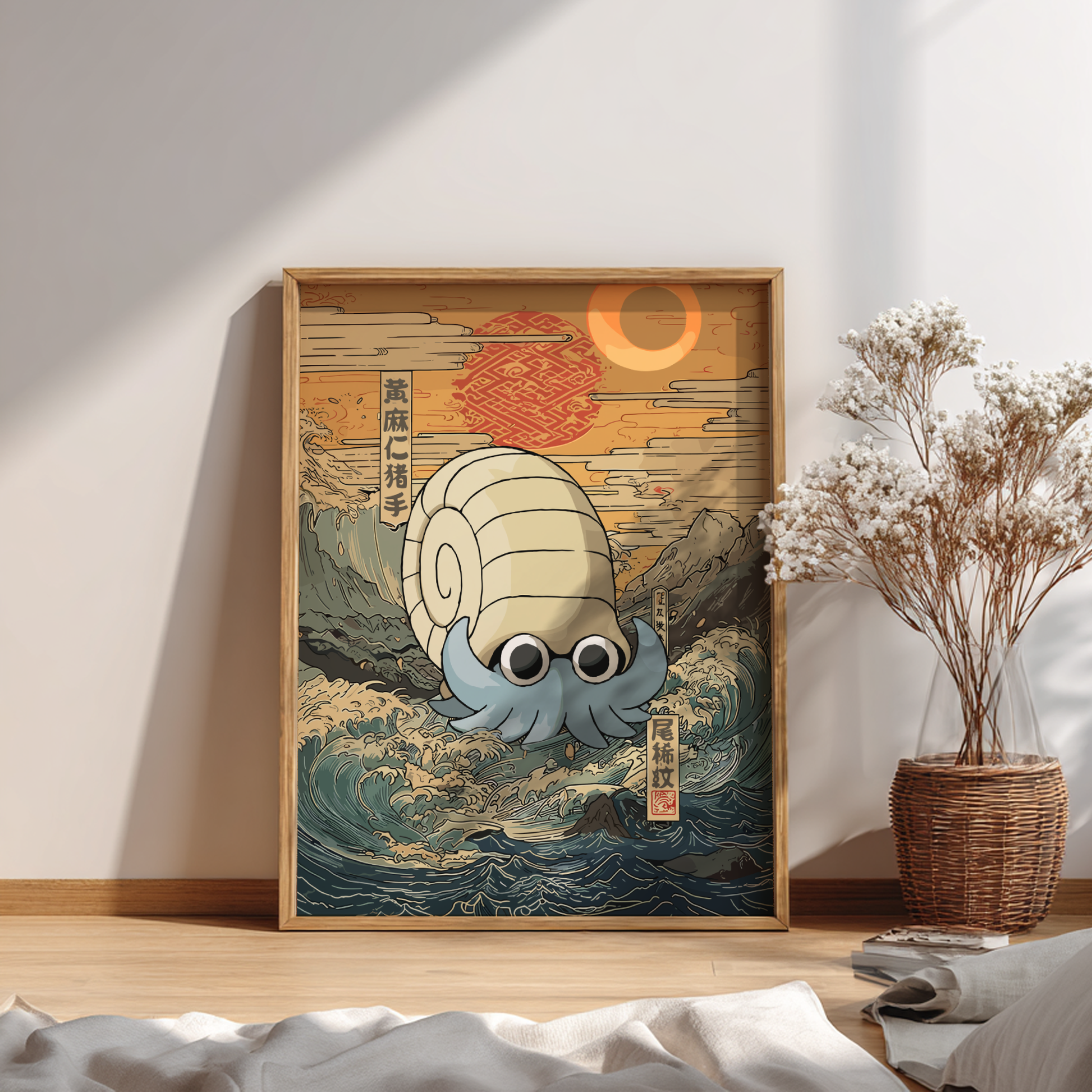 Framed artwork of Omanyte Pokemon on waves with a wooden frame, placed on a wooden floor.