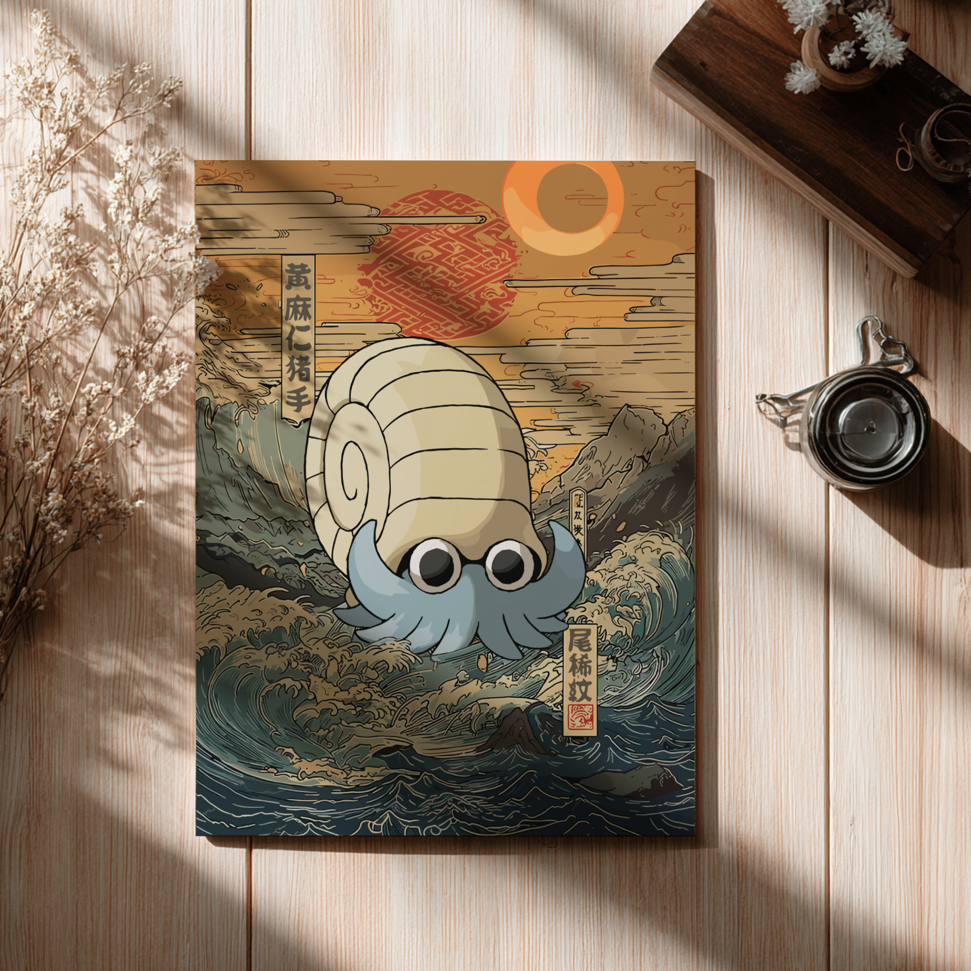 Wooden board with a stylized illustration of Omanyte Pokemon on a wave, resembling a Japanese woodblock print, placed on a wooden surface.