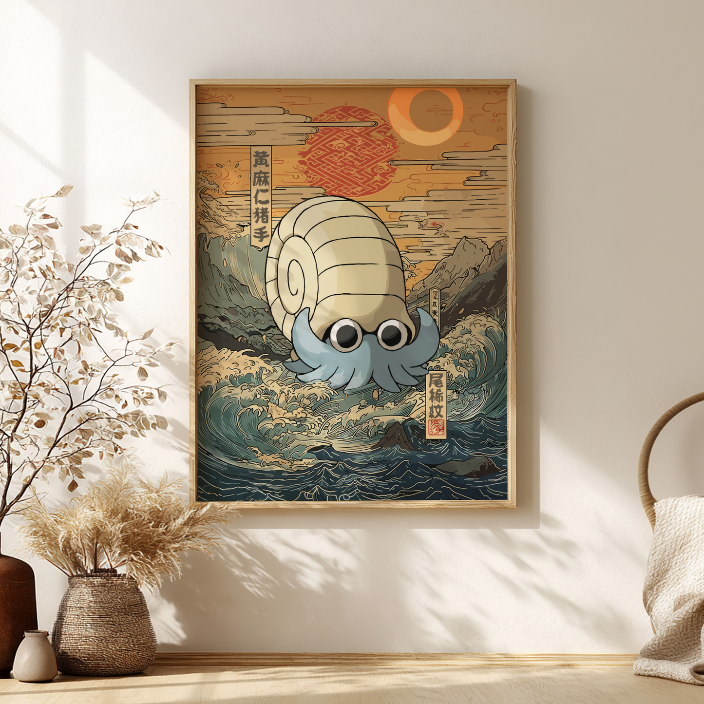 Framed artwork of a stylized Omanyte Pokemon on a wave with Japanese text and symbols, in a room setting.