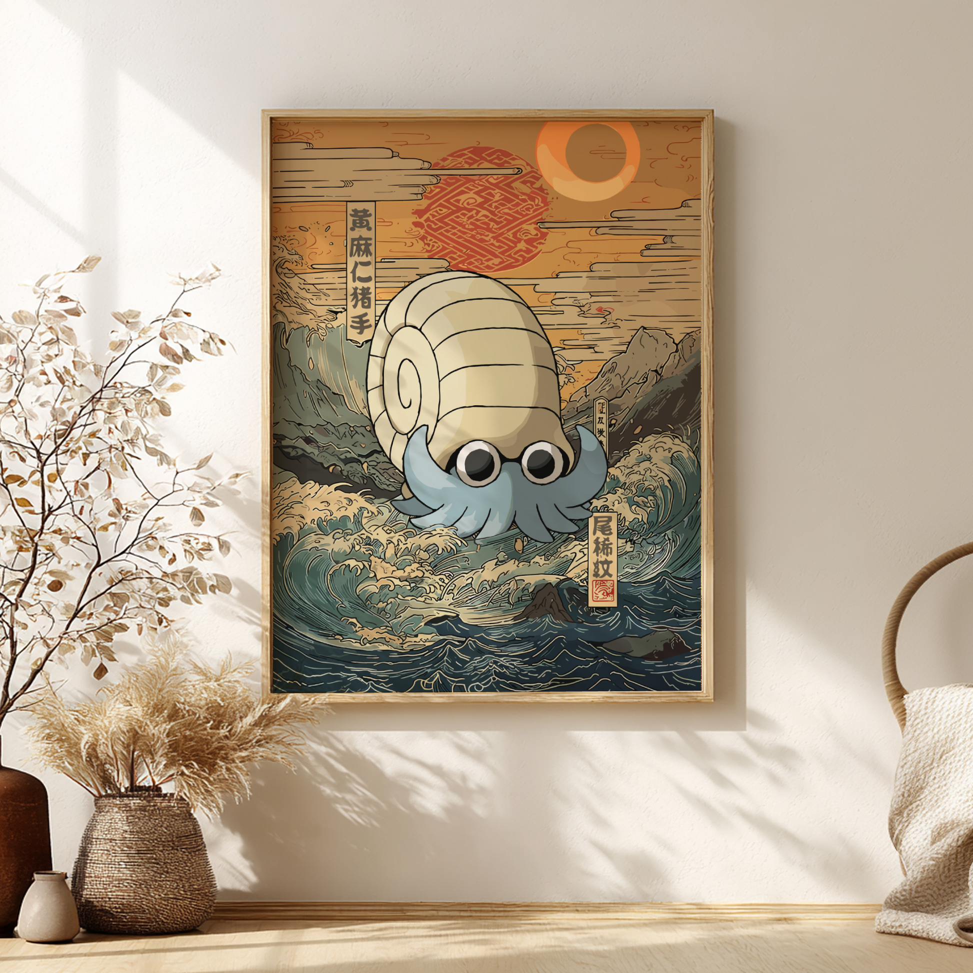 Framed artwork of a stylized Omanyte Pokemon on a wave with Japanese text and symbols, in a room setting.