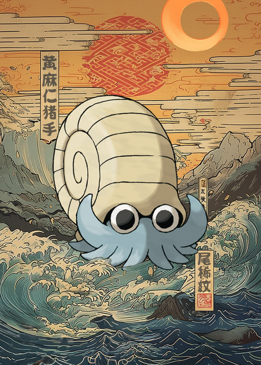 Illustration of Omanyte Pokemon in a wave-like background with Japanese text