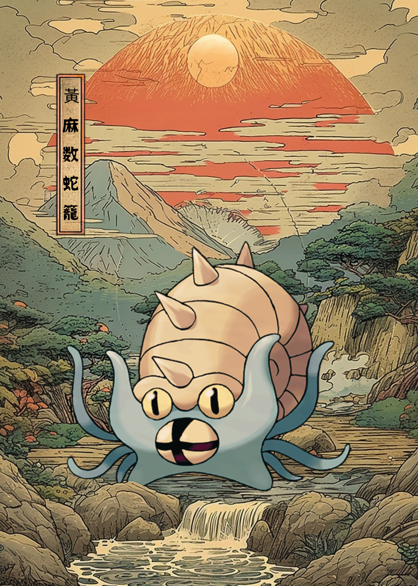 Omastar Pokemon in a Japanese-style landscape with mountains and sunset.
