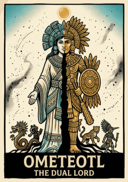 Poster featuring Ometeotl The Dual Lord in a split blue and gold Aztec design.