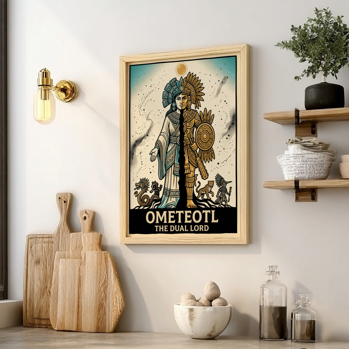 Poster featuring Ometeotl The Dual Lord in a split blue and gold Aztec design.
