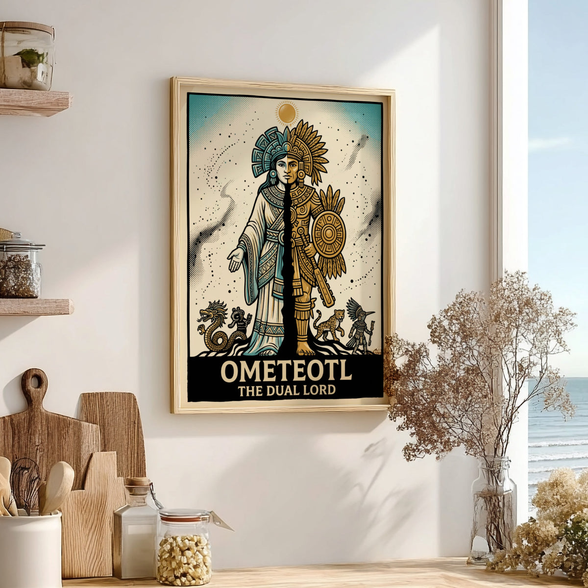 Poster featuring Ometeotl The Dual Lord in a split blue and gold Aztec design.