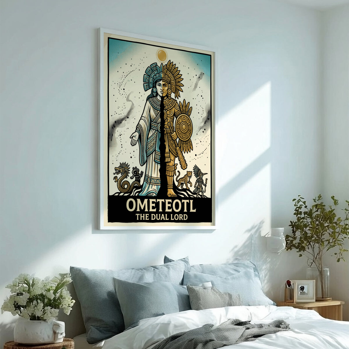Poster featuring Ometeotl The Dual Lord in a split blue and gold Aztec design.