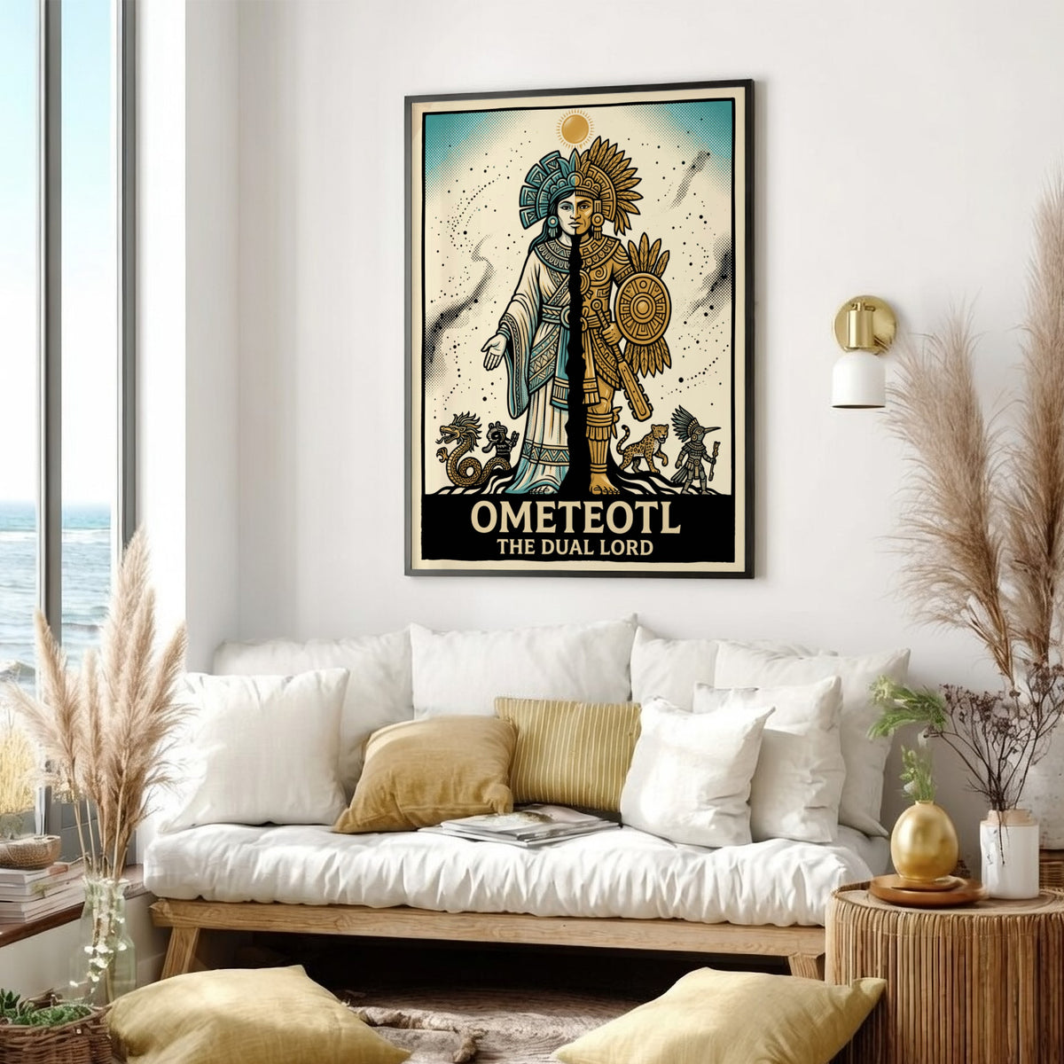 Poster featuring Ometeotl The Dual Lord in a split blue and gold Aztec design.