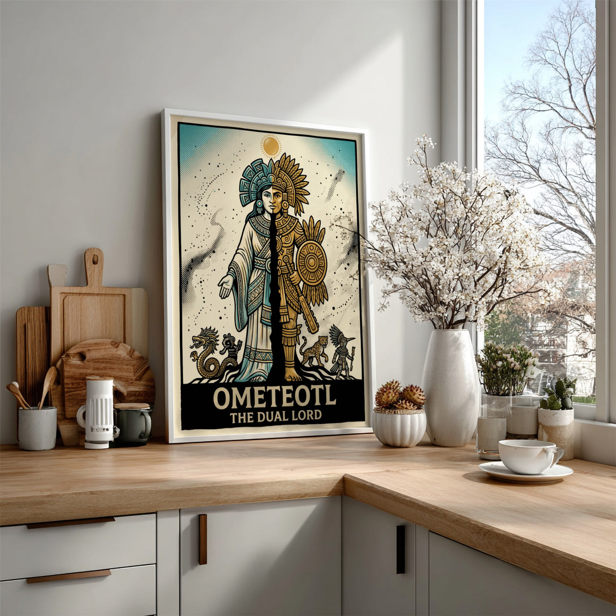 Poster featuring Ometeotl The Dual Lord in a split blue and gold Aztec design.