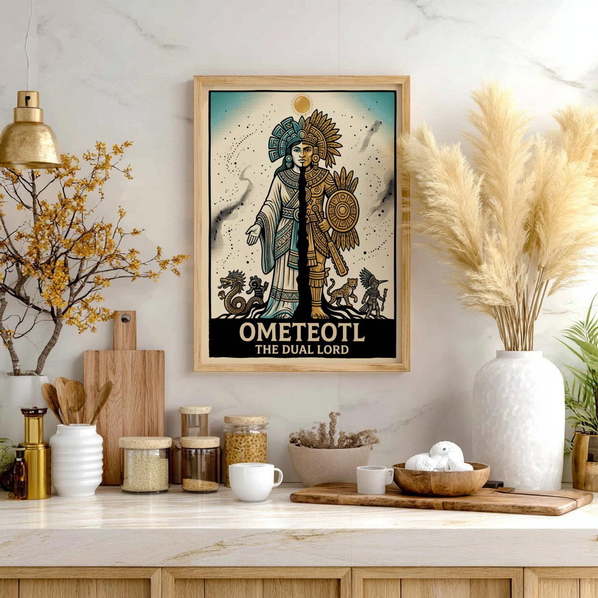 Poster featuring Ometeotl The Dual Lord in a split blue and gold Aztec design.