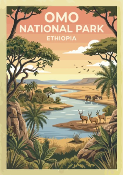 Omo National Park poster featuring vibrant landscape, wildlife, and lush greenery in warm colors