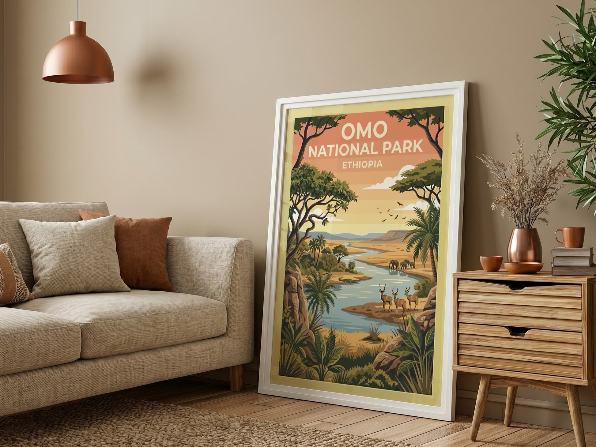 Omo National Park poster featuring vibrant landscape, wildlife, and lush greenery in warm colors