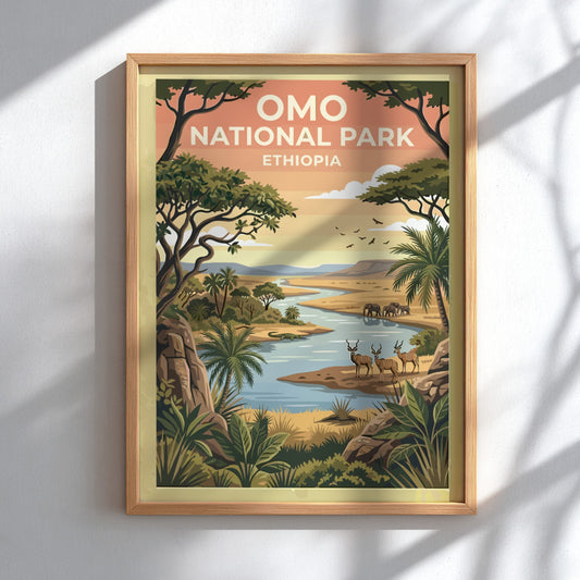 Omo National Park poster featuring vibrant landscape, wildlife, and lush greenery in warm colors
