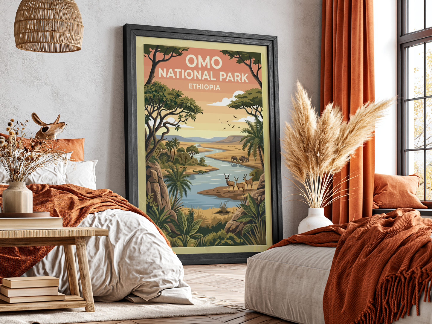 Omo National Park poster featuring vibrant landscape, wildlife, and lush greenery in warm colors