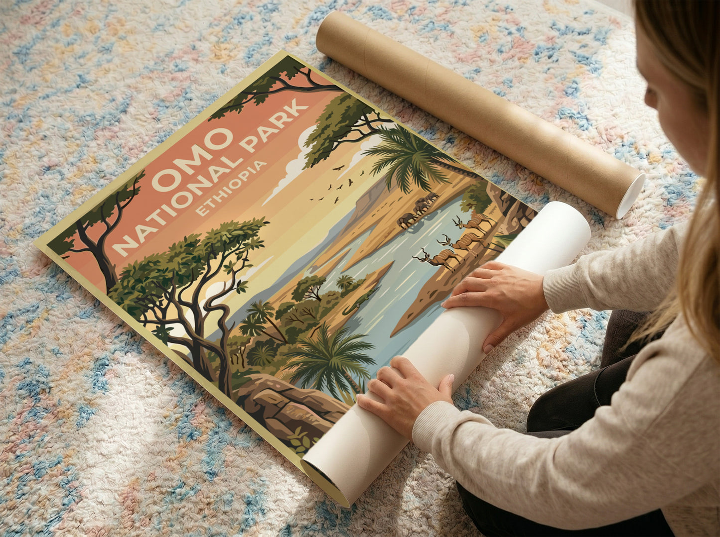 Omo National Park poster featuring vibrant landscape, wildlife, and lush greenery in warm colors