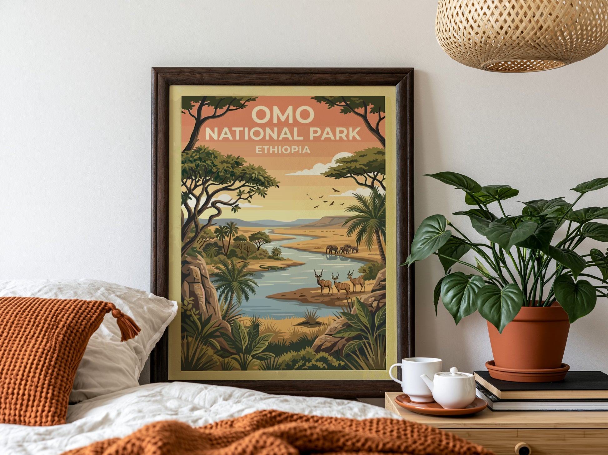 Omo National Park poster featuring vibrant landscape, wildlife, and lush greenery in warm colors