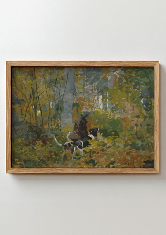 Winslow Homer's 'On the Trail' drawing featuring a person and dogs in a forest, rendered in warm earth tones.