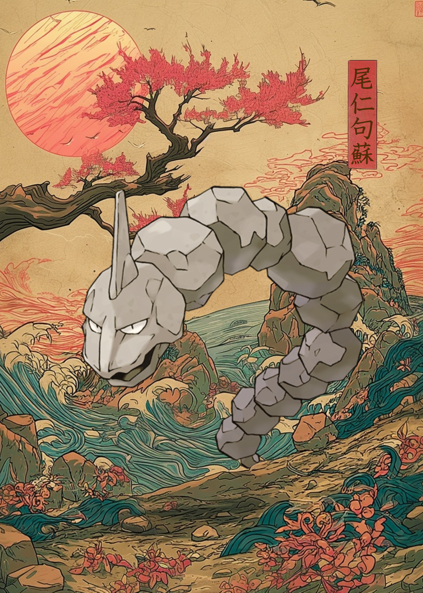 Onix Pokemon emerging from water, set against a scenic background with trees and sun.
