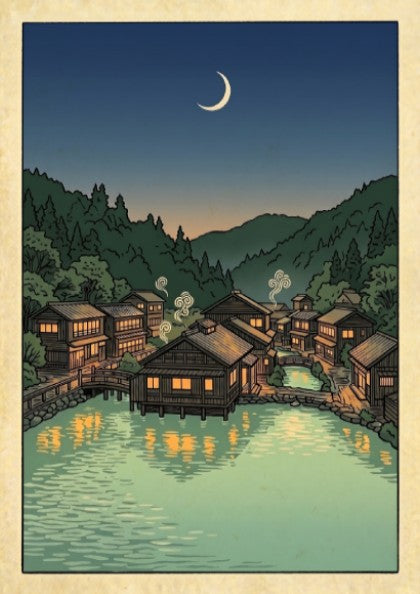Onsen village night poster featuring wooden houses and calm waters in Japanese art style