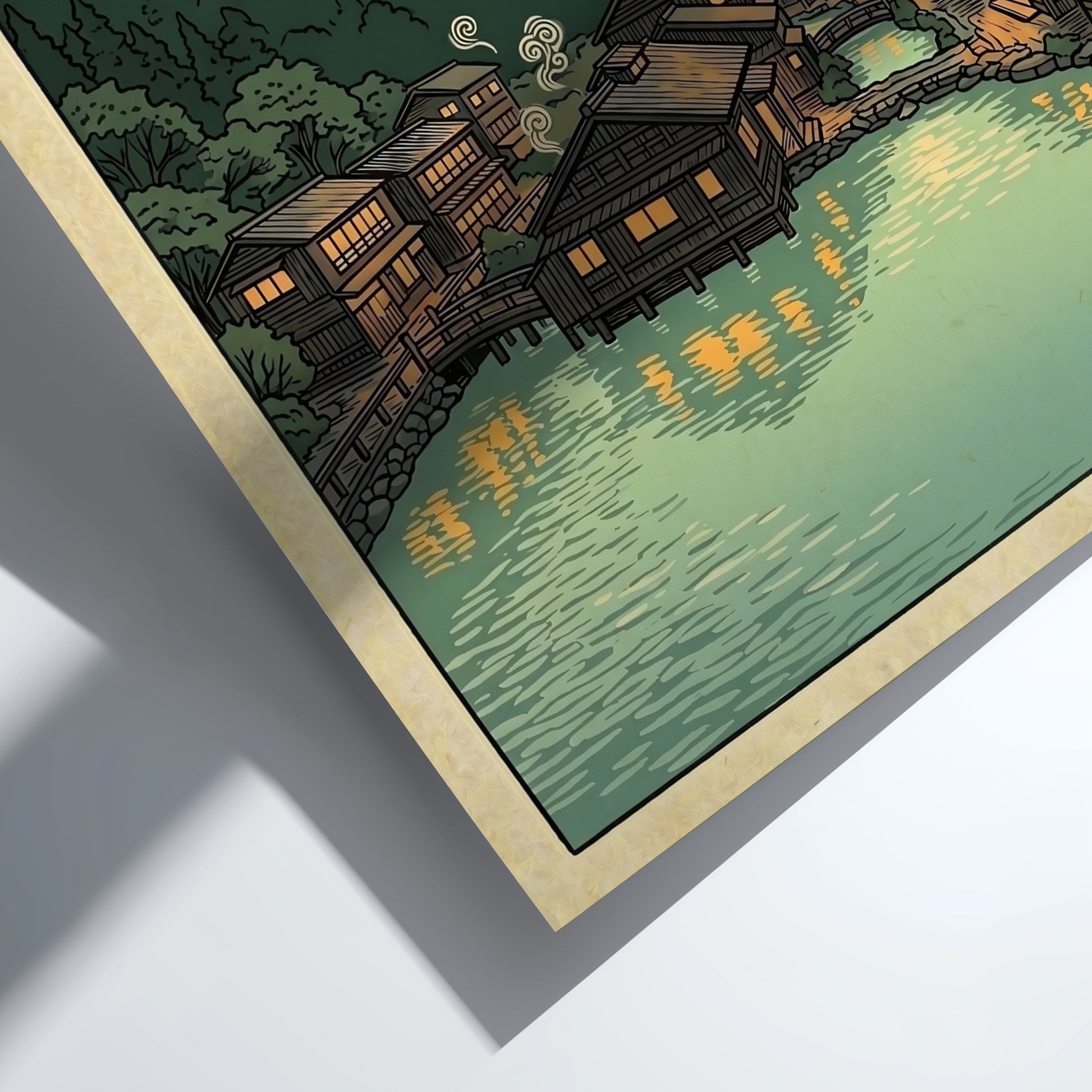 Onsen village night poster featuring wooden houses and calm waters in Japanese art style