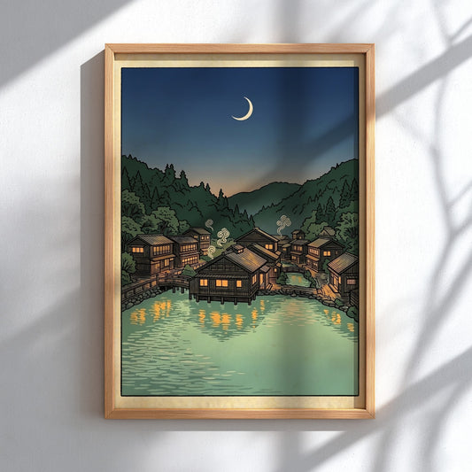 Onsen village night poster featuring wooden houses and calm waters in Japanese art style