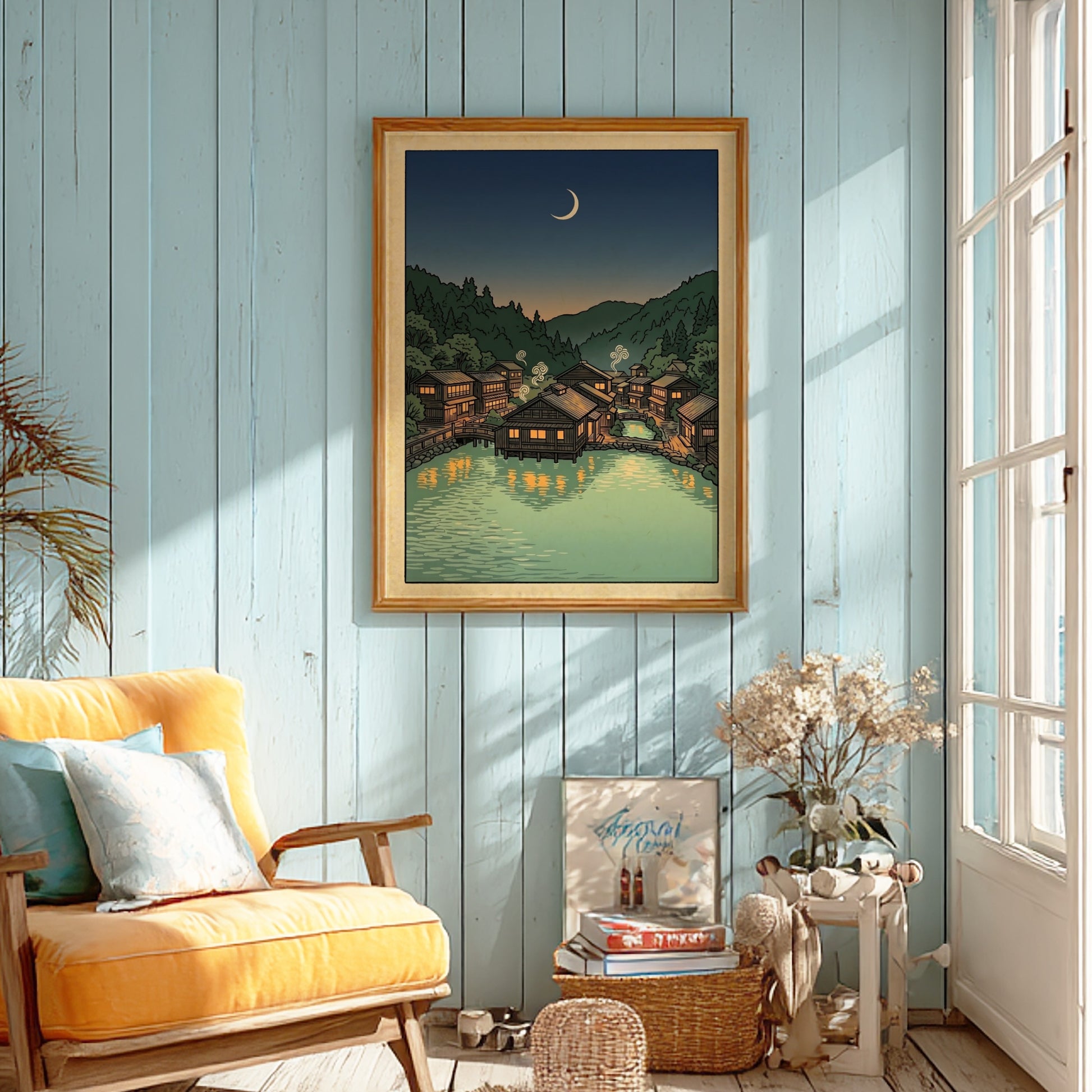 Onsen village night poster featuring wooden houses and calm waters in Japanese art style