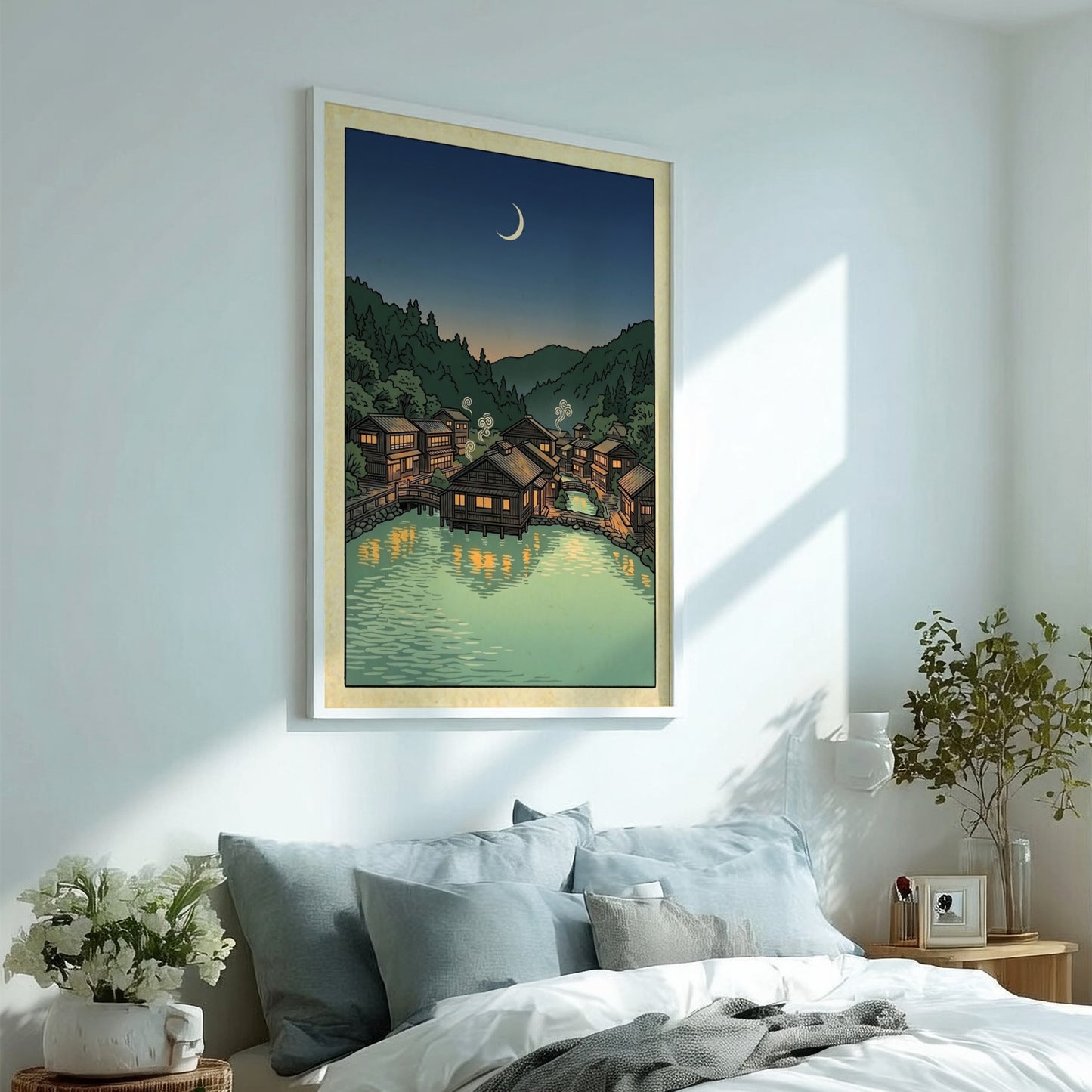 Onsen village night poster featuring wooden houses and calm waters in Japanese art style