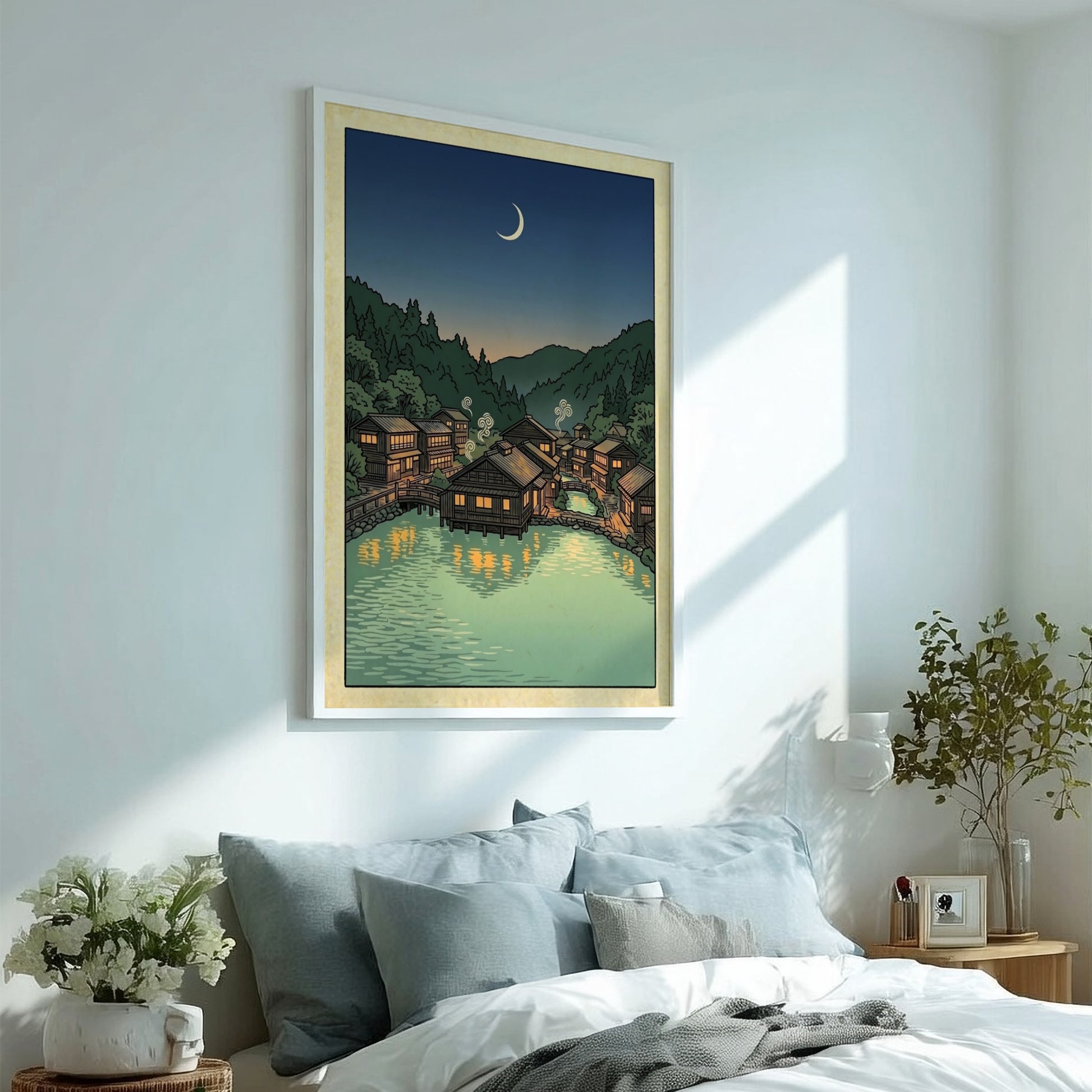 Onsen village night poster featuring wooden houses and calm waters in Japanese art style