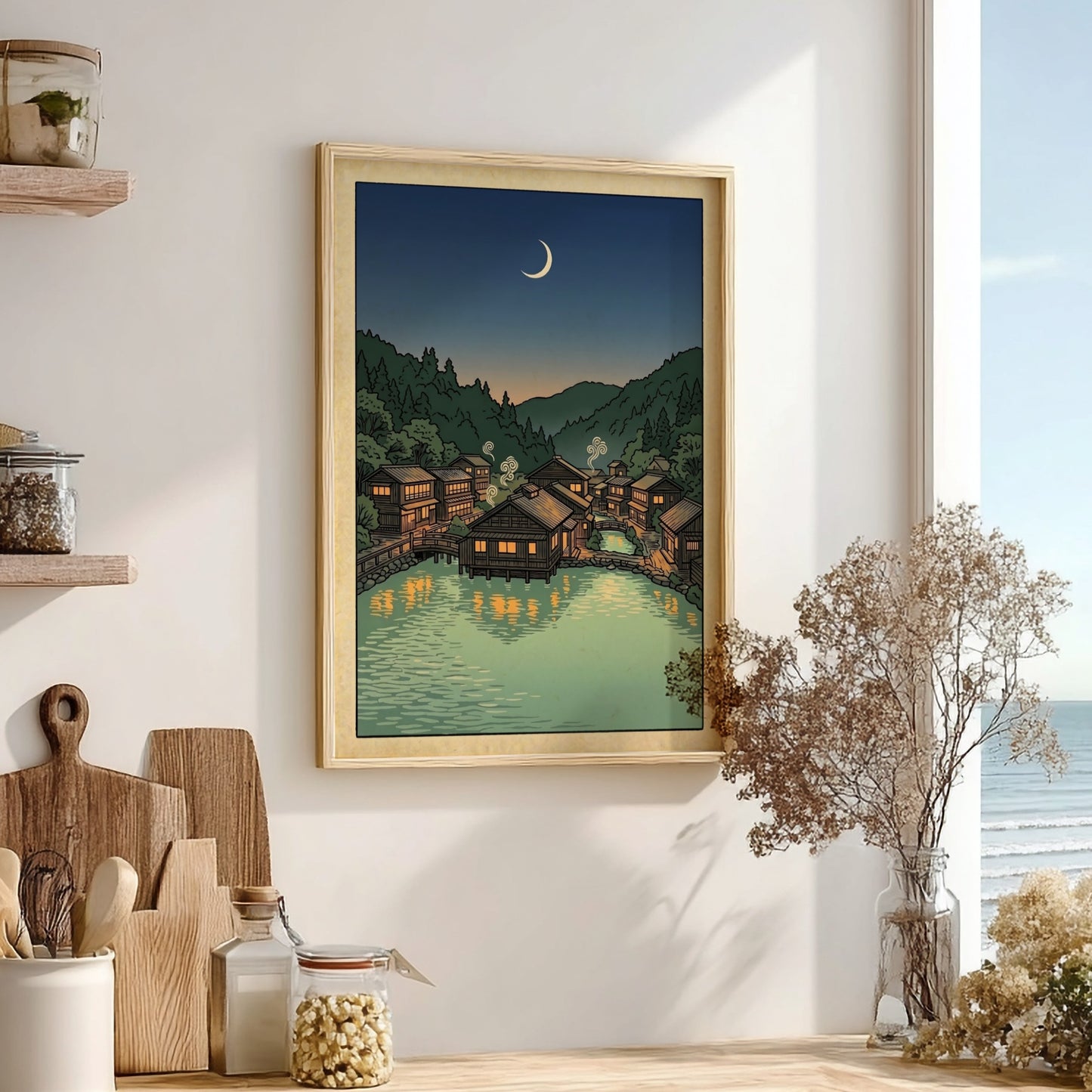 Onsen village night poster featuring wooden houses and calm waters in Japanese art style