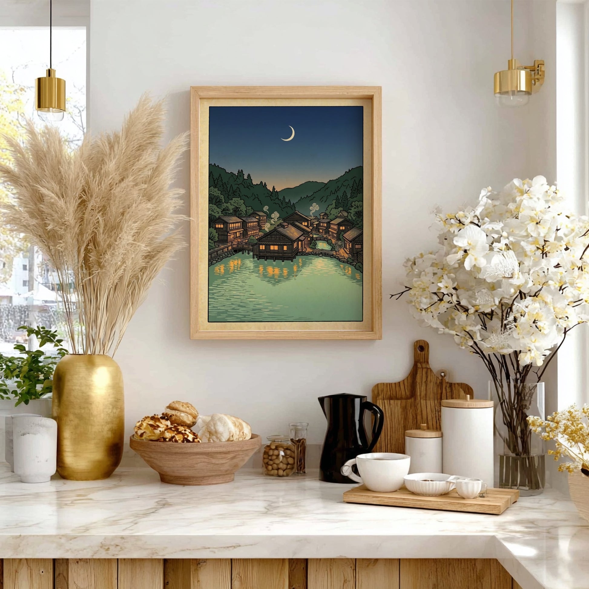 Onsen village night poster featuring wooden houses and calm waters in Japanese art style