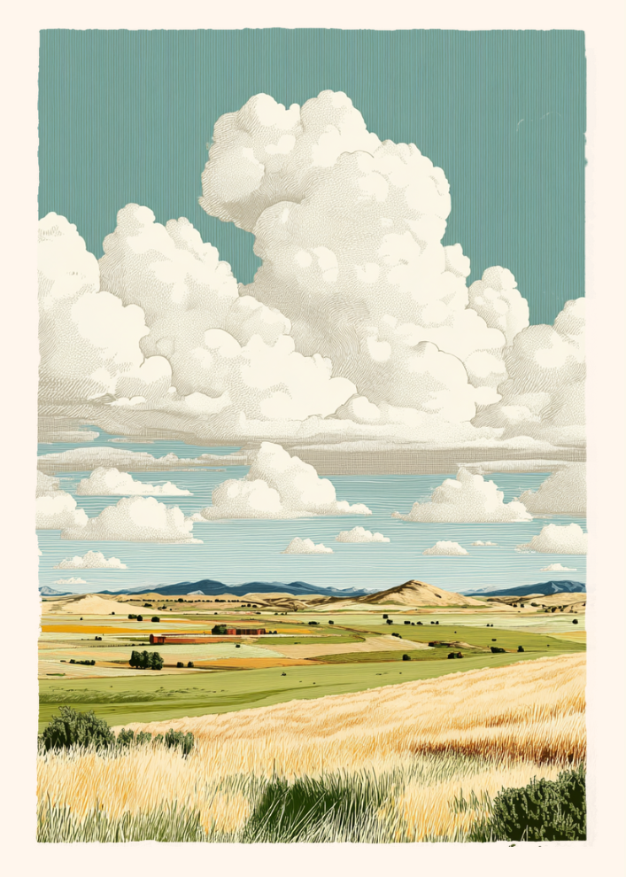 Landscape with fields and clouds under a blue sky